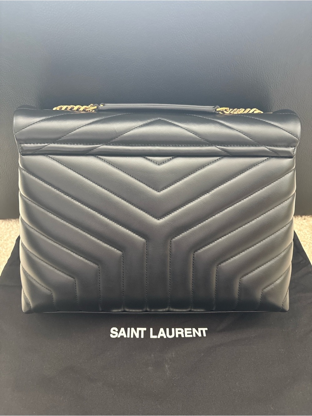 Saint Laurent Black Quilted Chevron Leather Shoulder Bag with Gold YSL Logo - Picture 2 of 15